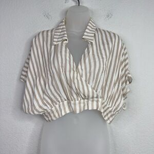 BOND 73 Shirt Womens M Striped Linen Blend Cropped‎ Boho Resort Vacation Neutral